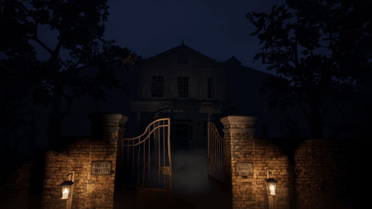 An iron gate before a darkened manor, flanked by Private Property signs