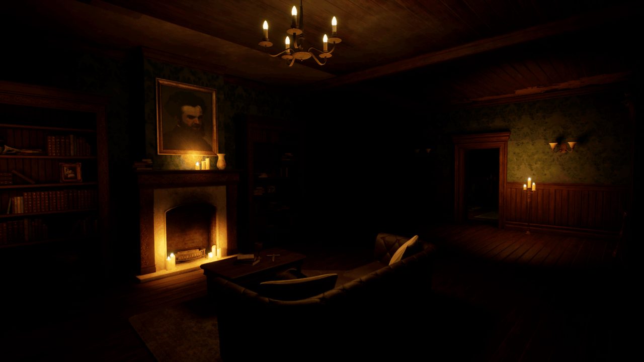 A candlelit parlour with a portrait above the fireplace