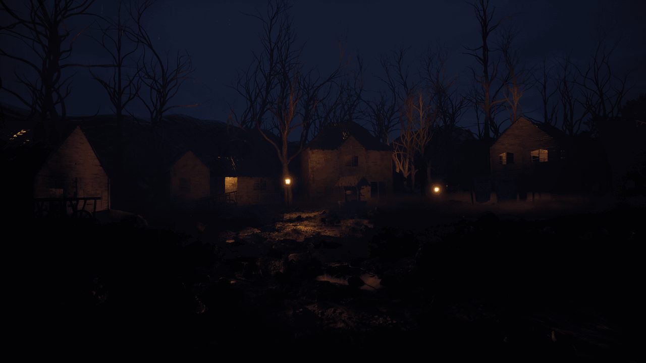A forgotten village at night, lit only by scattered lamps